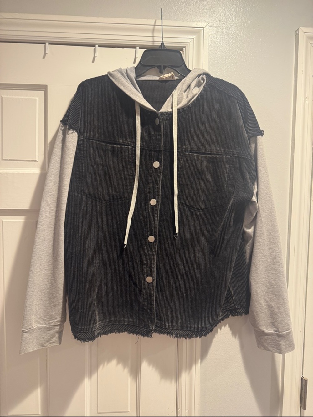 BiBi Black Corduroy Jacket with Gray Hoodie Sleeves